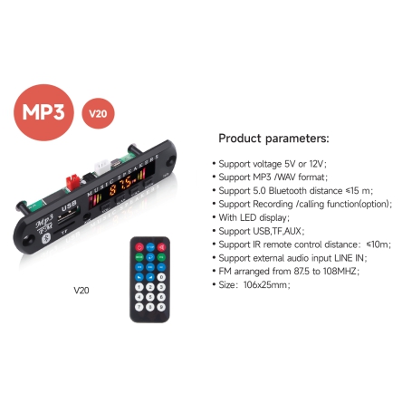 پخش کننده MP3 PLAYER پنلی بلوتوثی 12V اکولایزردار مدل V20