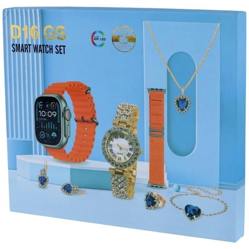 ساعت هوشمند d16gs پک2تایی ساعت هوشمند با گردنبد و انگشتر و گوشواره و دستبند و ساعت زنانه طلایی پک ساعت هوشمند جفتی
