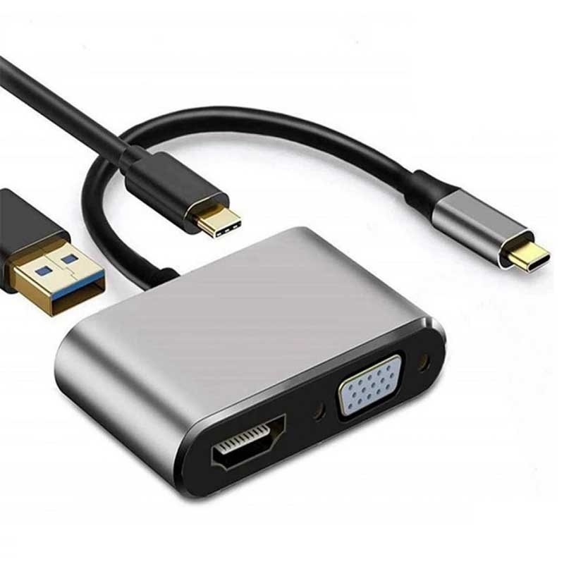 تبدیل 4 کاره همه کاره تایپ سی (هاب 4 پورت HDMI و VGA و USB و PD)