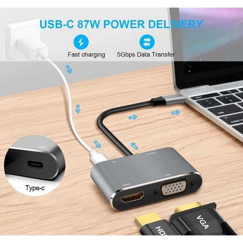 تبدیل 4 کاره همه کاره تایپ سی (هاب 4 پورت HDMI و VGA و USB و PD)