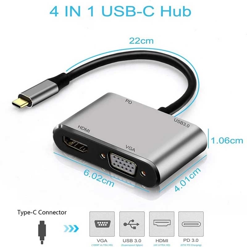 تبدیل 4 کاره همه کاره تایپ سی (هاب 4 پورت HDMI و VGA و USB و PD)