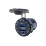 شارژر USB خودرویی روپنلی گرد با دو خروجی USB فست شارژ QC3.0 و نمایشگر ولتاژ، کلید ON/OFF