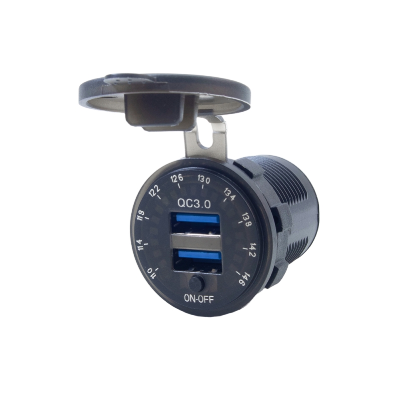 شارژر USB خودرویی روپنلی گرد با دو خروجی USB فست شارژ QC3.0 و نمایشگر ولتاژ، کلید ON/OFF