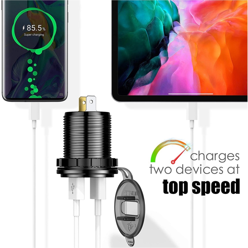 شارژر USB خودرویی روپنلی گرد با دو خروجی USB فست شارژ QC3.0 و نمایشگر ولتاژ، کلید ON/OFF