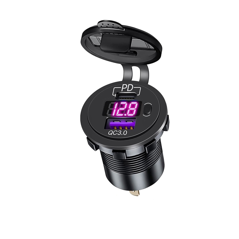 شارژر USB خودرویی روپنلی گرد قرمز QC3.0 + Type-C با نمایشگر ولتاژ و کلید ON/OFF
