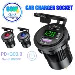 شارژر USB خودرویی روپنلی گرد قرمز QC3.0 + Type-C با نمایشگر ولتاژ و کلید ON/OFF