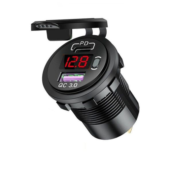 شارژر USB خودرویی روپنلی گرد قرمز QC3.0 + Type-C با نمایشگر ولتاژ و کلید ON/OFF