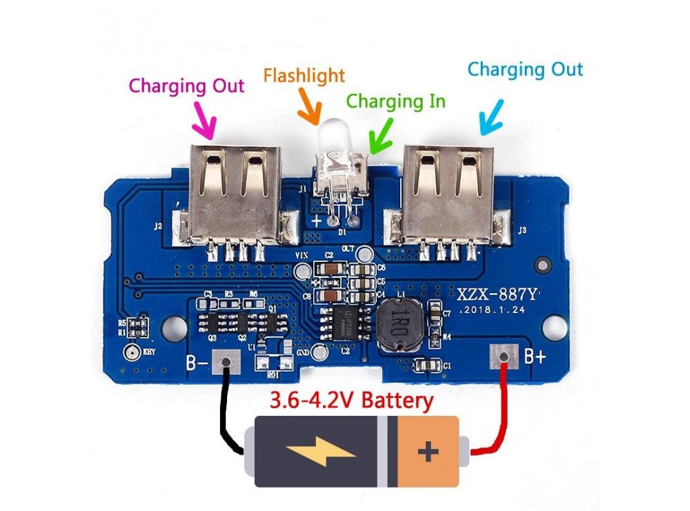 ماژول پاوربانک با دو خروجی USB و نشانگر LED به همراه چراغ قوه