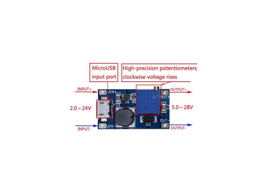 ماژول رگولاتور ولتاژ افزاینده HW-183 با ورودی Micro USB و جریان 2 آمپر