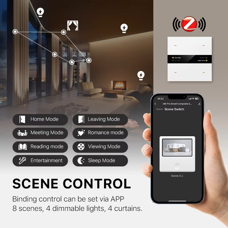 کلید چهار پل هوشمند TUYA مشکی دارای نمایشگر با ارتباط ZigBee مدل M8 PRO